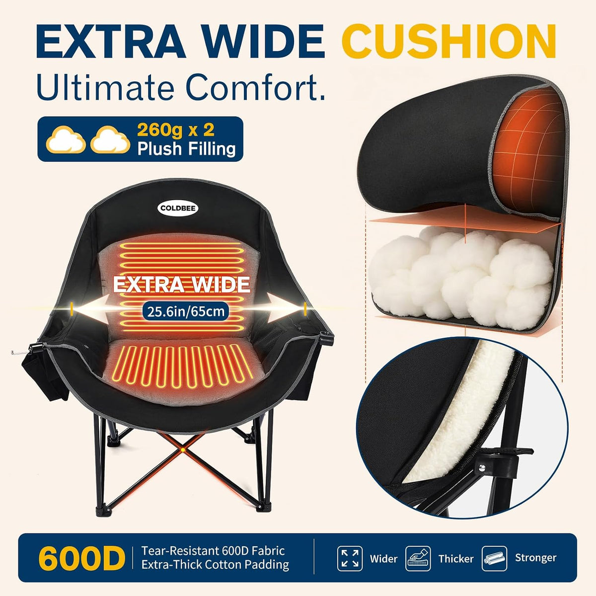 Heated Oversized Camping Chair, Heavy Duty Padded, Thick Headrest, Black