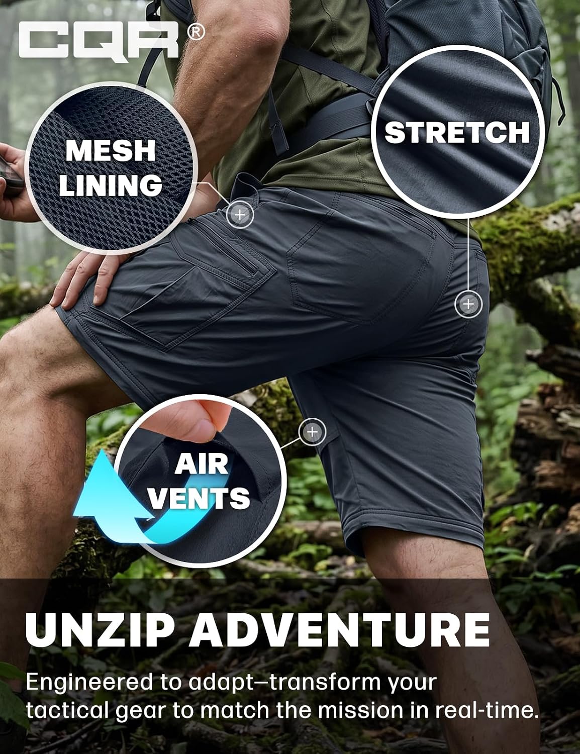 CQR Men's Convertible Cargo Tactical Pants, Water Resistant Outdoor Hiking Pants, Zip Off Lightweight Stretch Work Pants