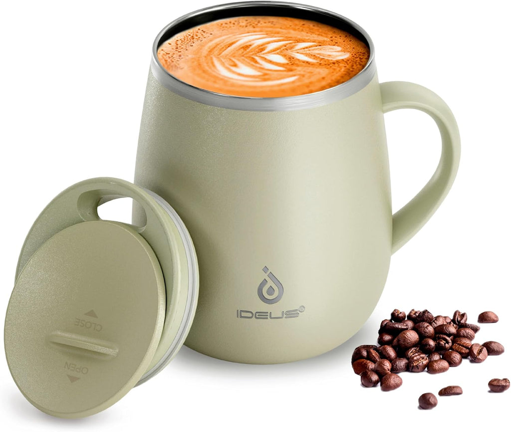 Ideus 16 oz Insulated Coffee Mug with Lid and Handle (Celadon, FUJI DAWN)