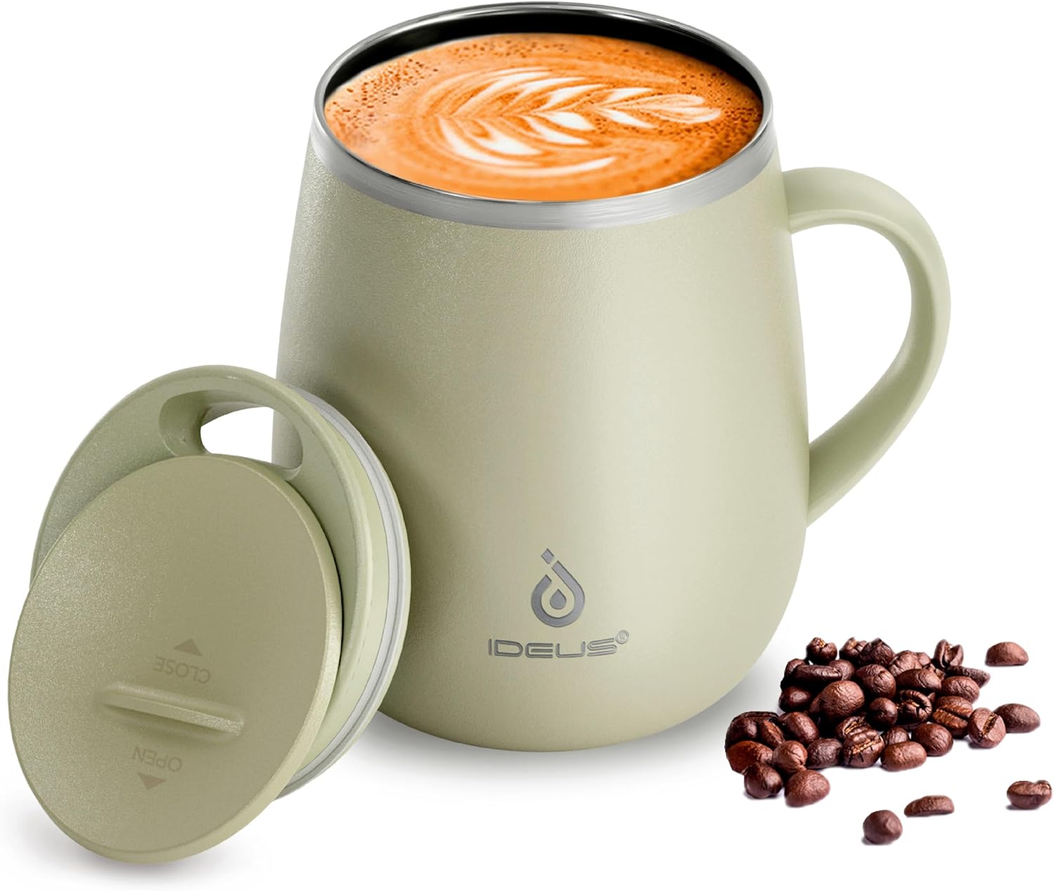 Ideus 16 oz Insulated Coffee Mug with Lid and Handle (Celadon, FUJI DAWN)