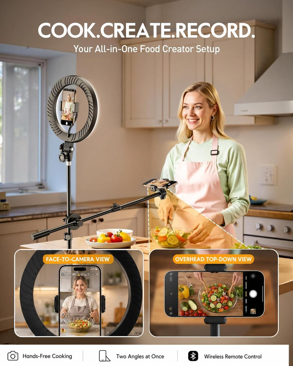 Upgrade Tripod Ring Light Stand with 2 Telescopic Arms -67" Ring Light Tripod for iPhone&Android, Overhead Phone Mount with Remote, Phone Stand for for TikTok, YouTube，Zoom & Video Recording