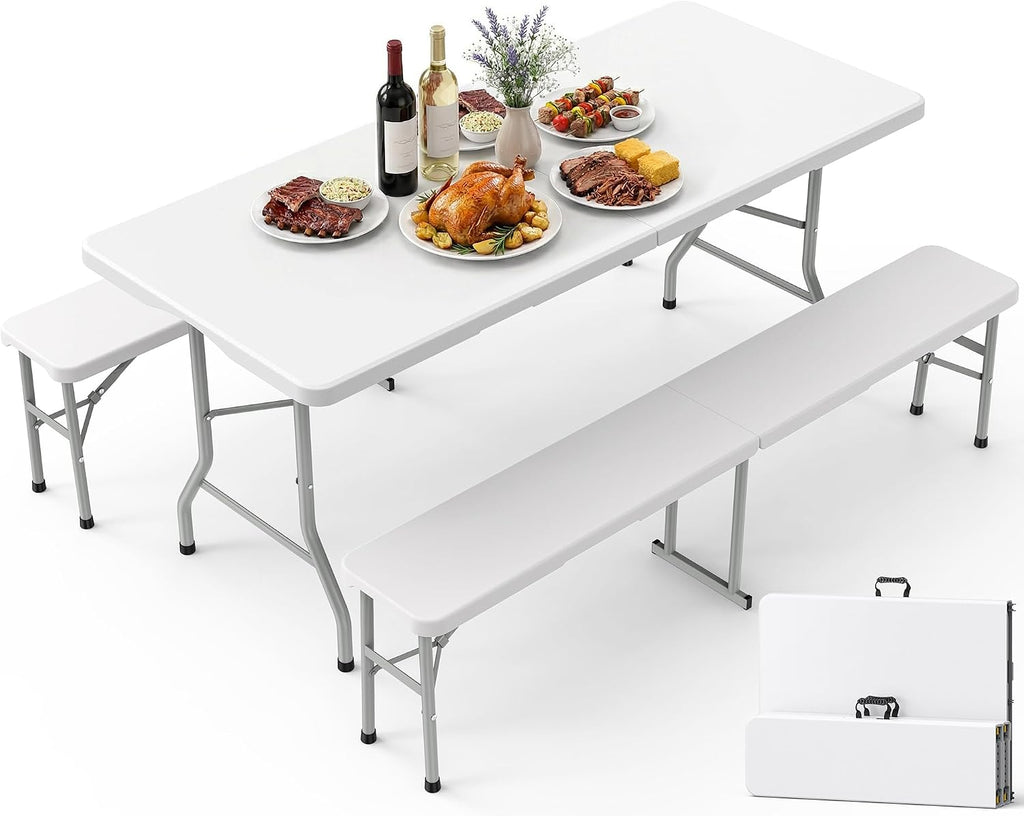 Pureegg 6FT Folding Table and 2 Chairs Set, Sturdy, Picnic, White