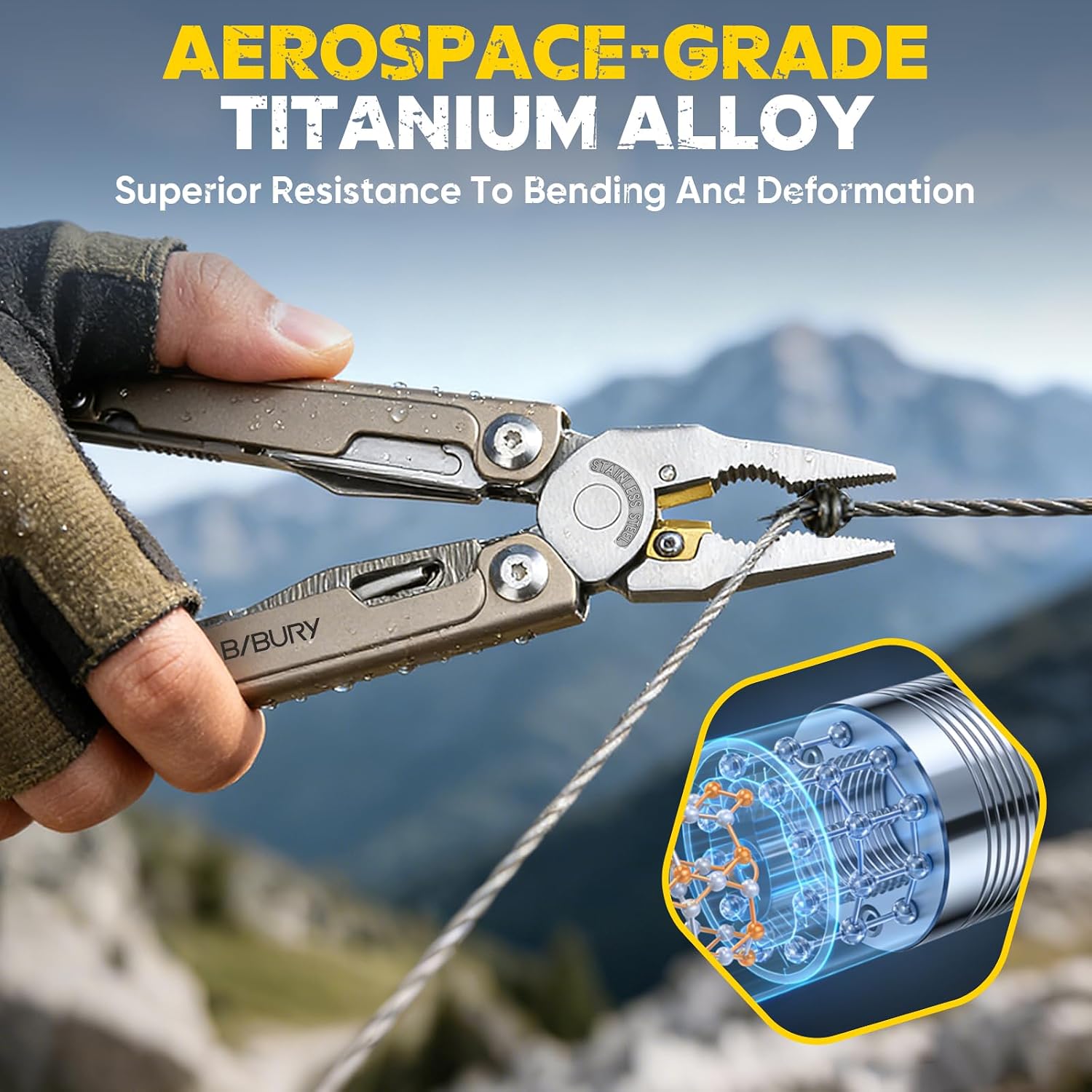 BIBURY Titanium Alloy Multitool with Damascus Knife & Scissors, BI2049TI