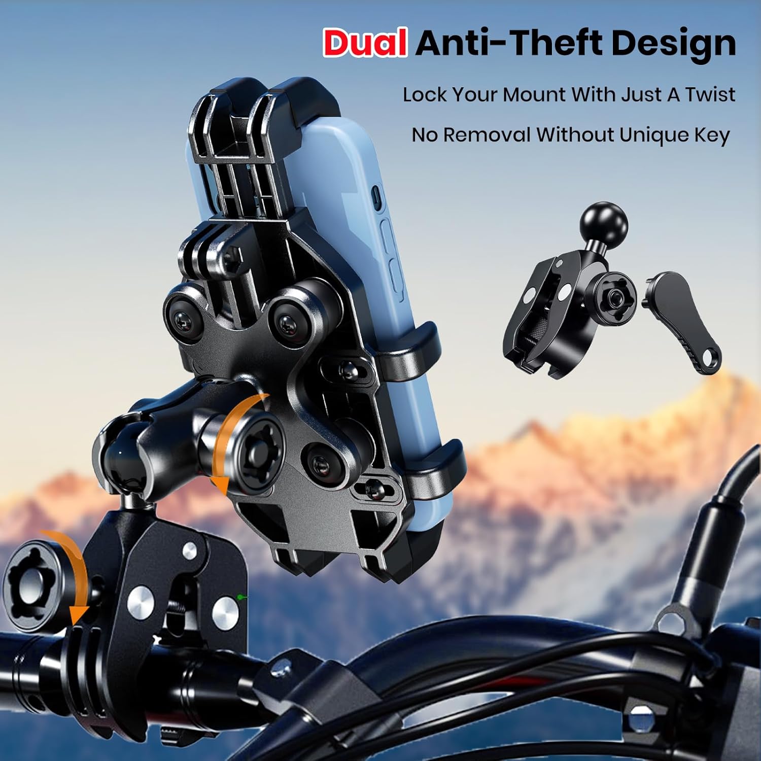 Motorcycle Phone Mount Holder with Vibration Dampener Anti-Shake 720° Adjustable for iPhone 16 Pro Max for Samsung 5.4''-6.9'' Phone Anti-Theft Dirt Bikes(Clamp Base 0.47-1.77" Handlebar)