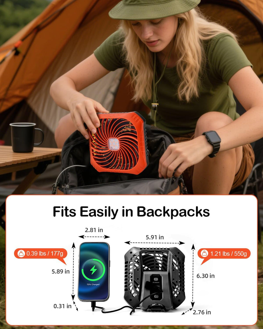 Odoland Portable Camping Fan with LED Lantern, 40H Rechargeable Battery Fan
