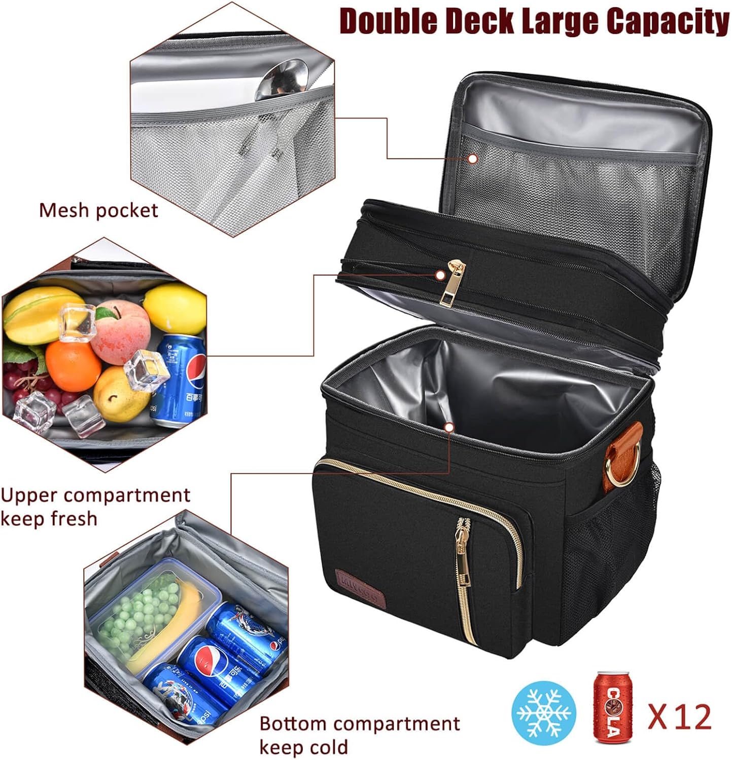MIYCOO Lunch Bag for Women & Men, Expandable Double Deck Lunch Box, 15L