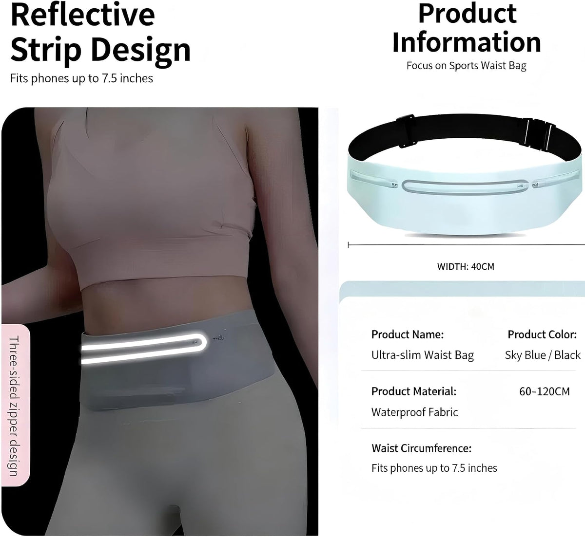 2 in 1 running set | running belt + moisture sweat headband, ultra-thin invisible shock proof waist bag, three pockets belly bag, suitable for fitness, jogging, hiking
