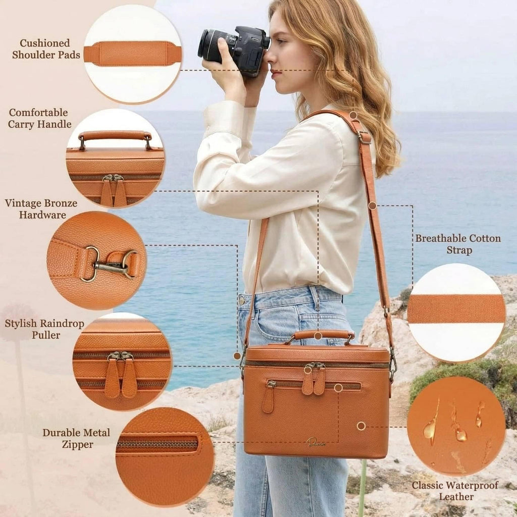Camera Sling Bag, Waterproof PU Leather Crossbody Camera Case for Photographers, Small Shoulder Bag Compatible for Canon Nikon Sony (Brown)