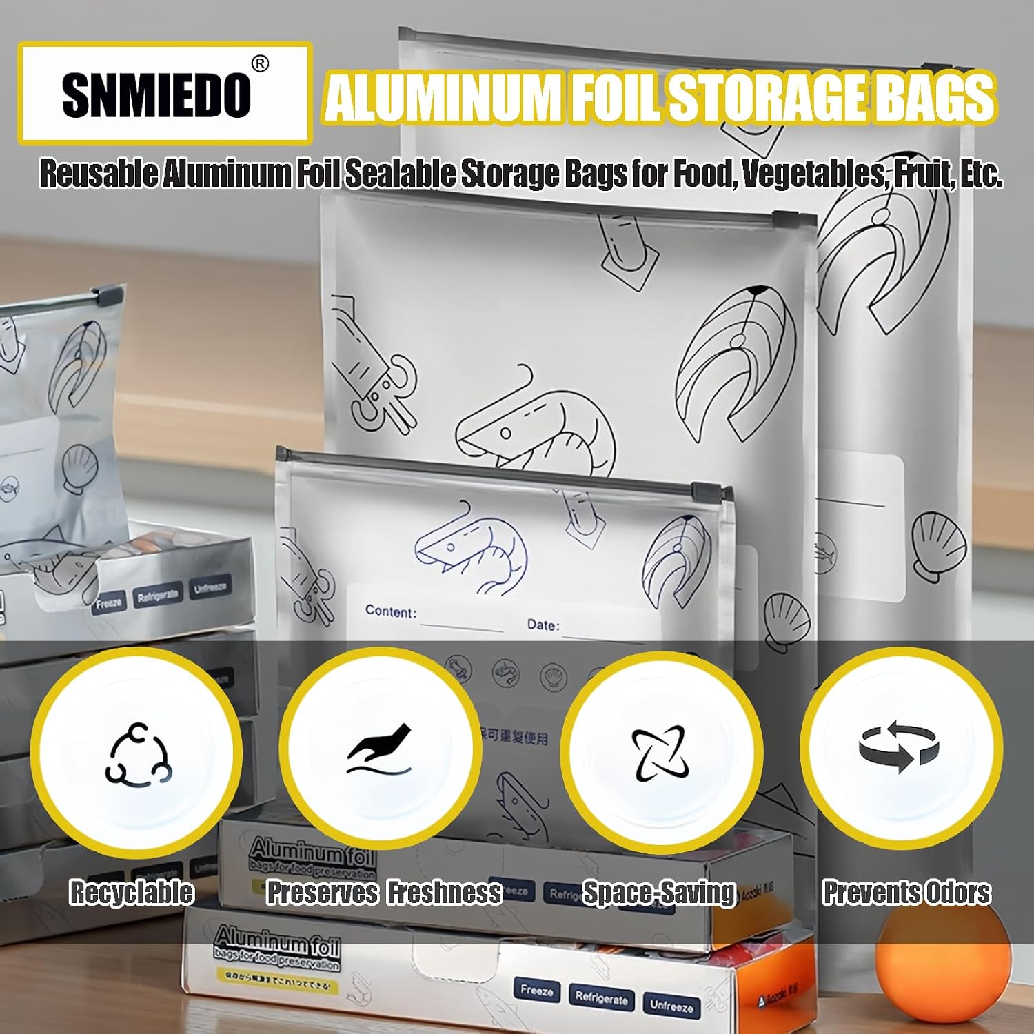Reusable Aluminum Foil Sealable Storage Bags - Foil Sealable Bags for Food, Vegetables, Fruit, Meat, Snacks, Bread, Seafood Preservation