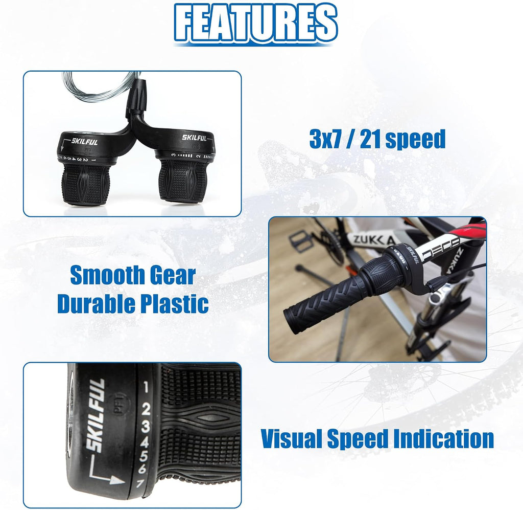 MEGHNA Bicycle 21 Speed Twist Shifter Lever 3 x 7 Speed Grip Shift Left and Right Shifting Mountain Bike Hybrid Bike Kids Bike Tricycle Gear Grip Shifter with Grips (Pair)