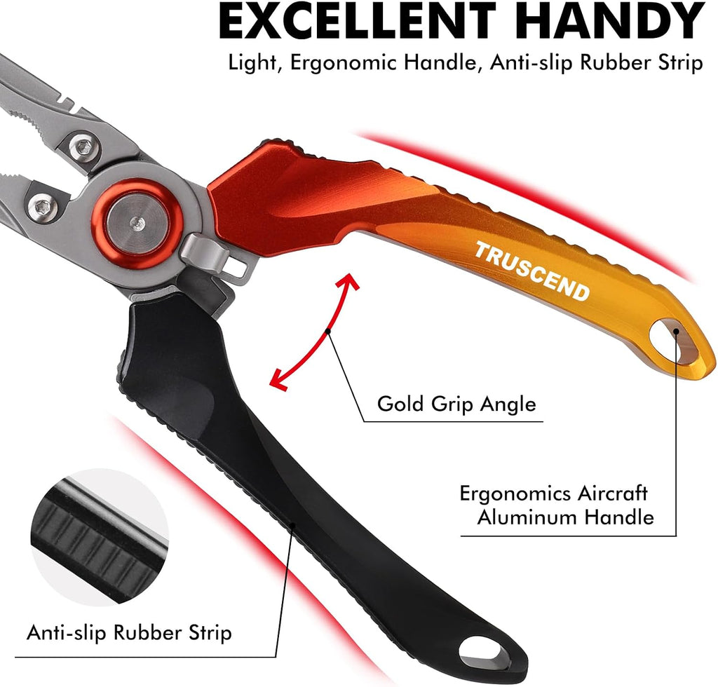 TRUSCEND Easy Use Lockable Fishing Pliers with Tungsten Carbide Cutter, Innovative Ergonomic Handy Handle, Saltwater Corrosion Resistant Teflon Coated Fishing Tool, Light Multi-Function Fishing Gear