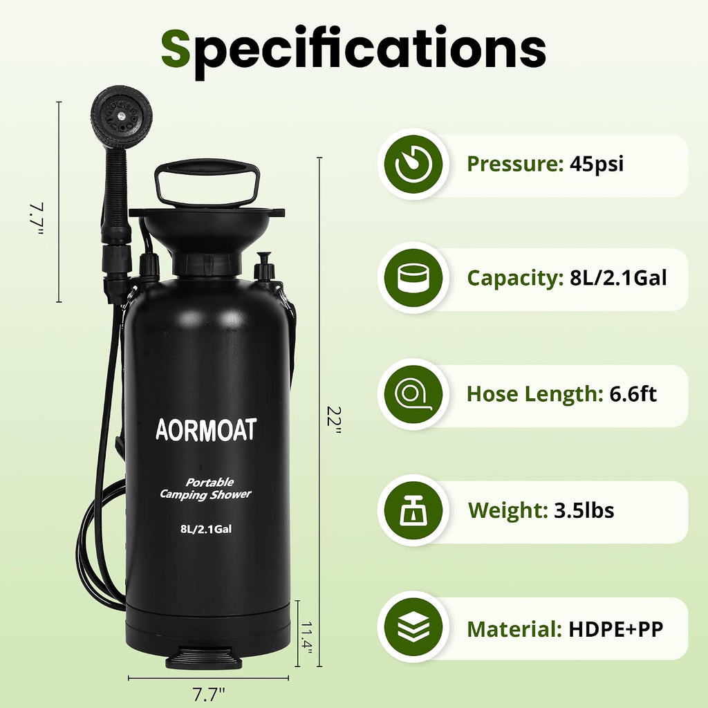 Portable Shower, 2.1 Gal/8L Camp Shower for Beach, RV & Outdoor