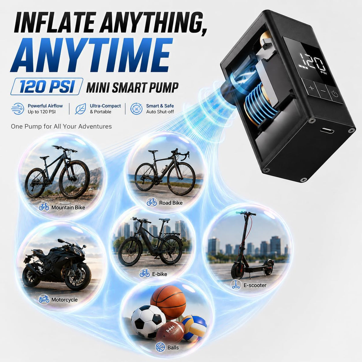 137g 120PSI Mini Bike Pump, Pocket-Size Auto Shut-Off