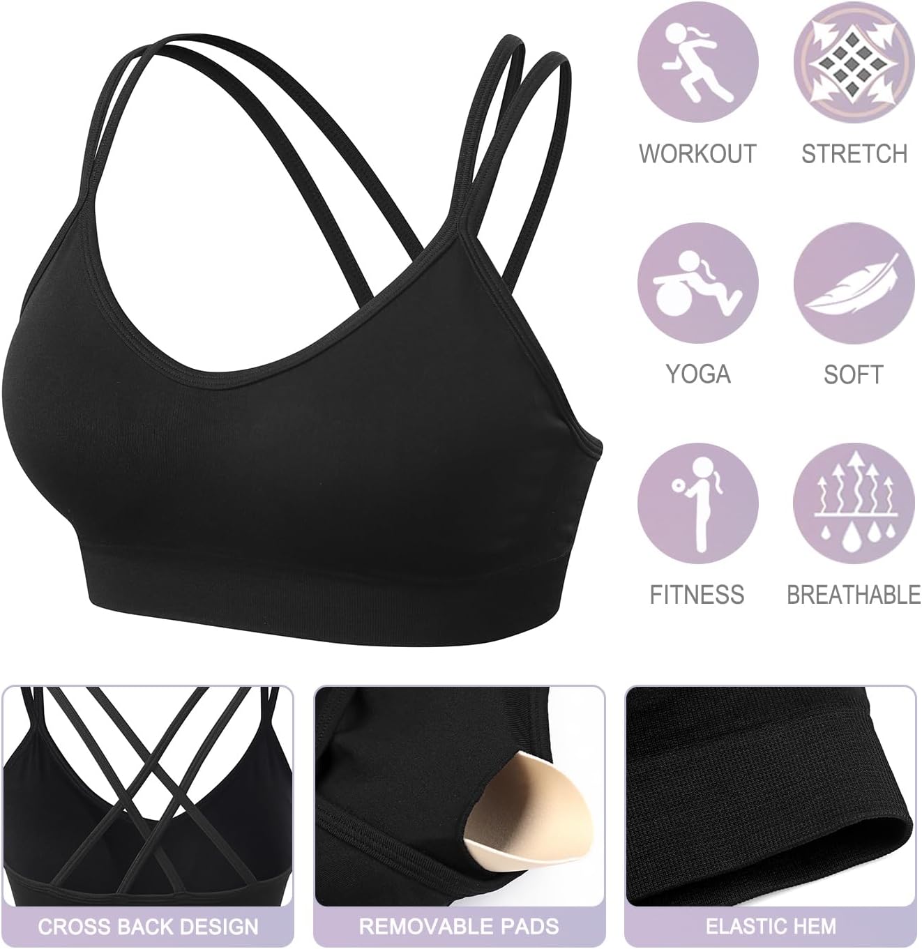 VEQKING Strappy Cross Back Women Sports Bras with Removable Cups