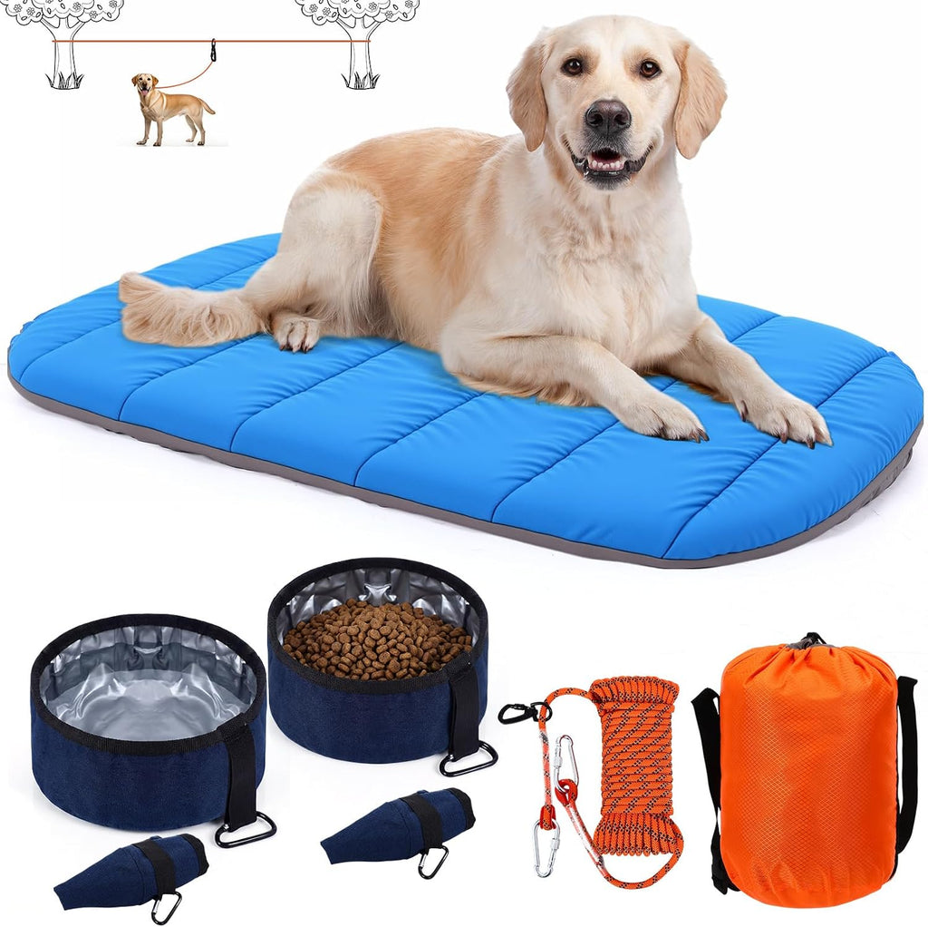 4 Pcs Dog Camping Essentials Set Include 1 Pack 39.4 x 29.5 Inch Foldable Dog Bed 2 Pcs Portable Collapsible Dogs Bowls 1 Pack 50 ft Heavy Duty Pet Tie Out Cable for Camping Travel Outdoor Activities