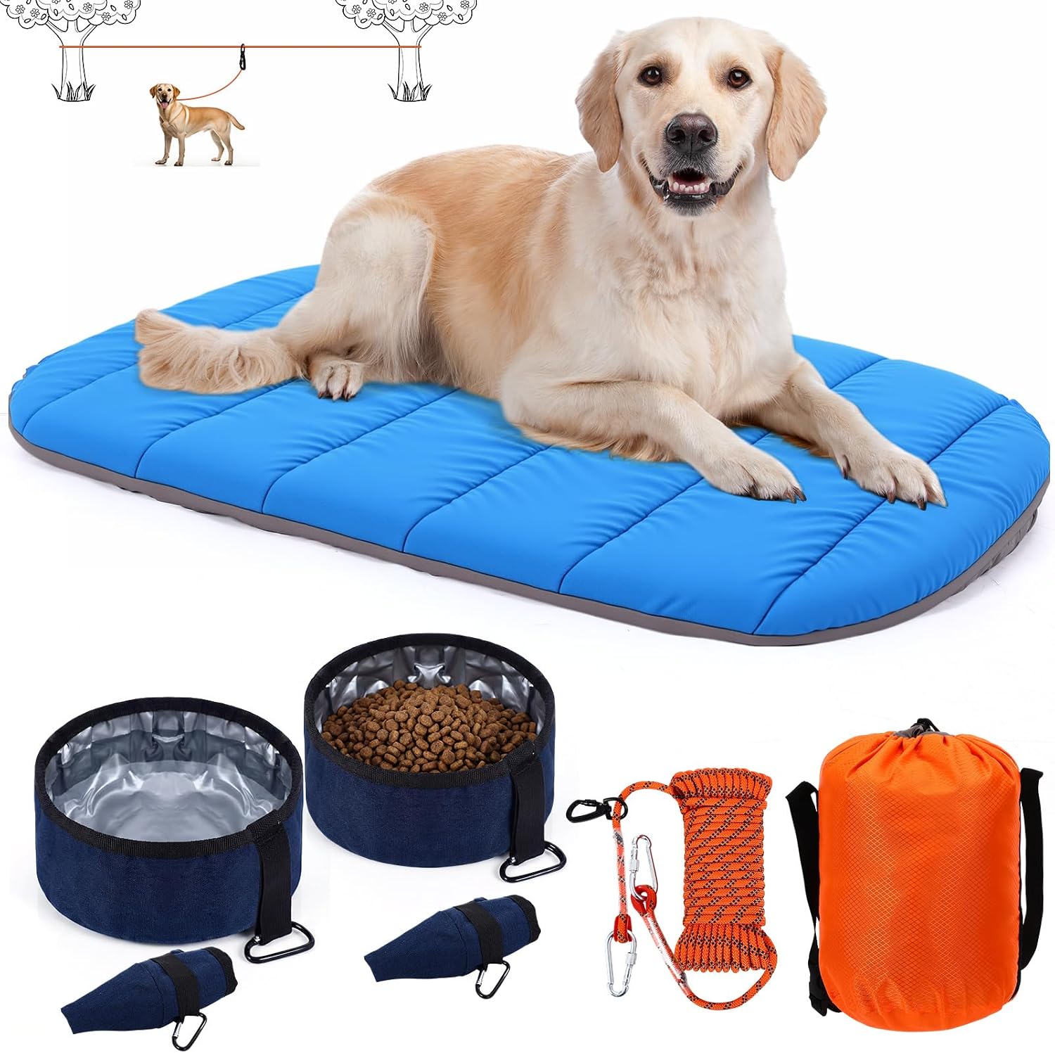 4 Pcs Dog Camping Essentials Set Include 1 Pack 39.4 x 29.5 Inch Foldable Dog Bed 2 Pcs Portable Collapsible Dogs Bowls 1 Pack 50 ft Heavy Duty Pet Tie Out Cable for Camping Travel Outdoor Activities