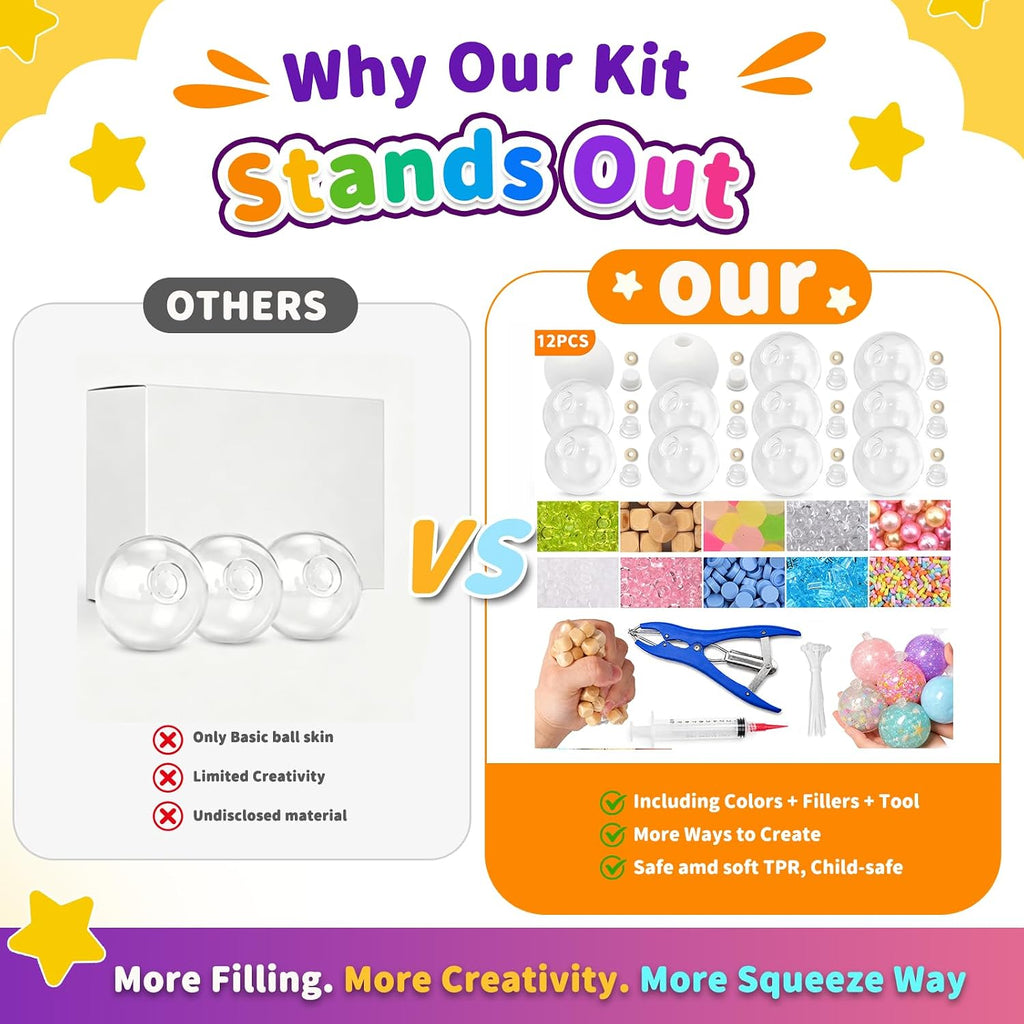 RYOXZEL DIY Stress Ball Making Kit, 12pcs Squishy TPR Ball Skins with 1lb Fillers, Make Your Own Squishies Set, Air Pump & Expander Tool Ties, Fidget Sensory Craft Kit for Stress Relief