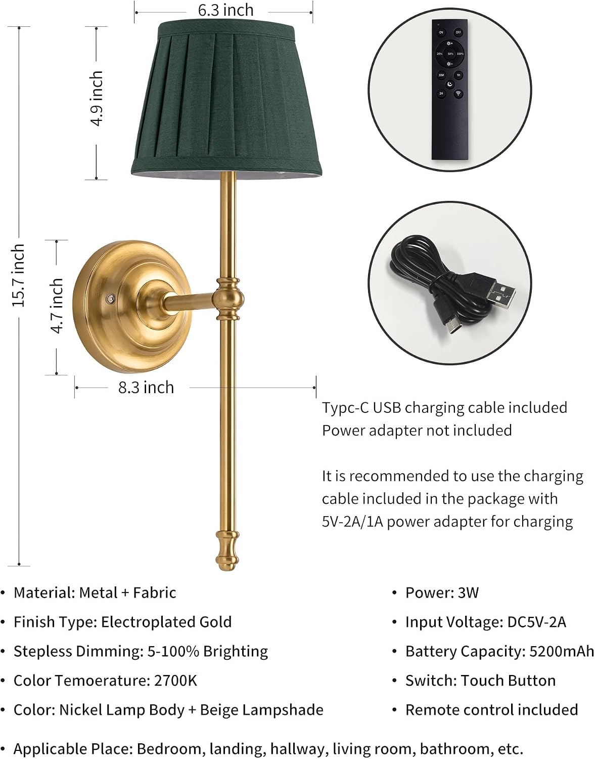 KDG Gold Cordless Wall Sconces Set of 2, Green Fabric LED Wall Lamps