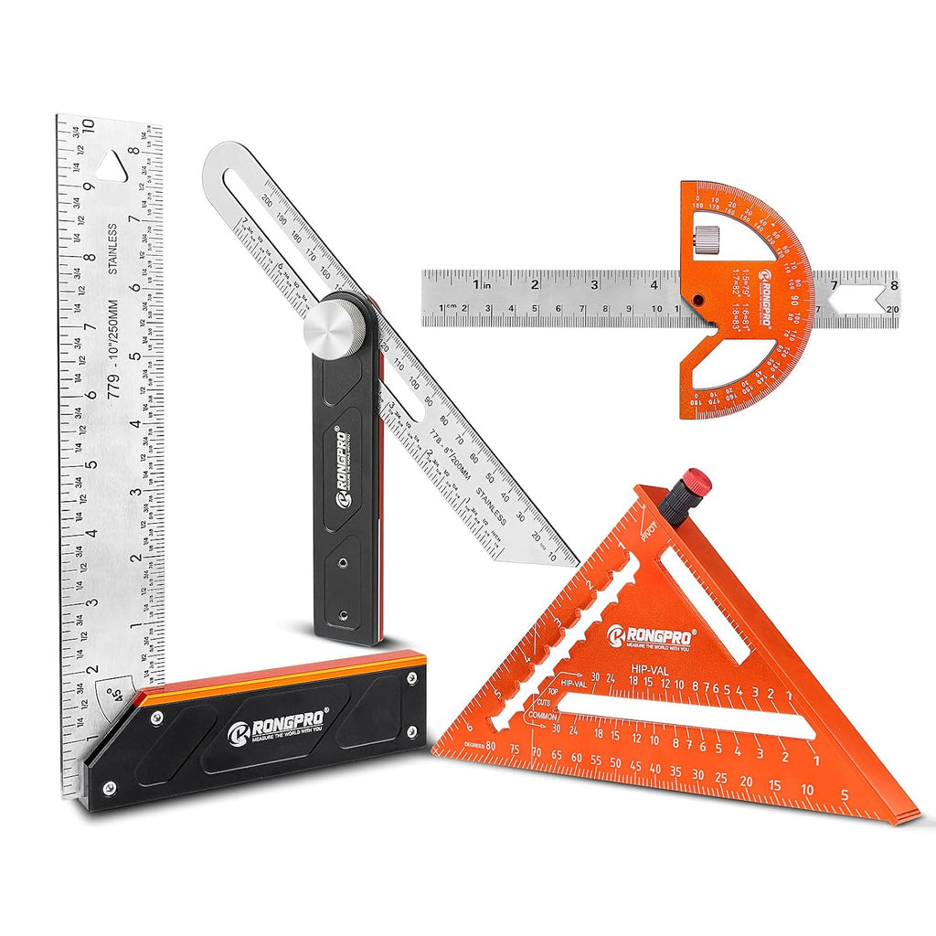 4Pcs Woodworking Tools -7''Aluminum Rafter Square,12''Adjustable Protractor Angle Finder,10'Woodworking Square Ruler and T-Bevel Gauge-1/16 Precision…