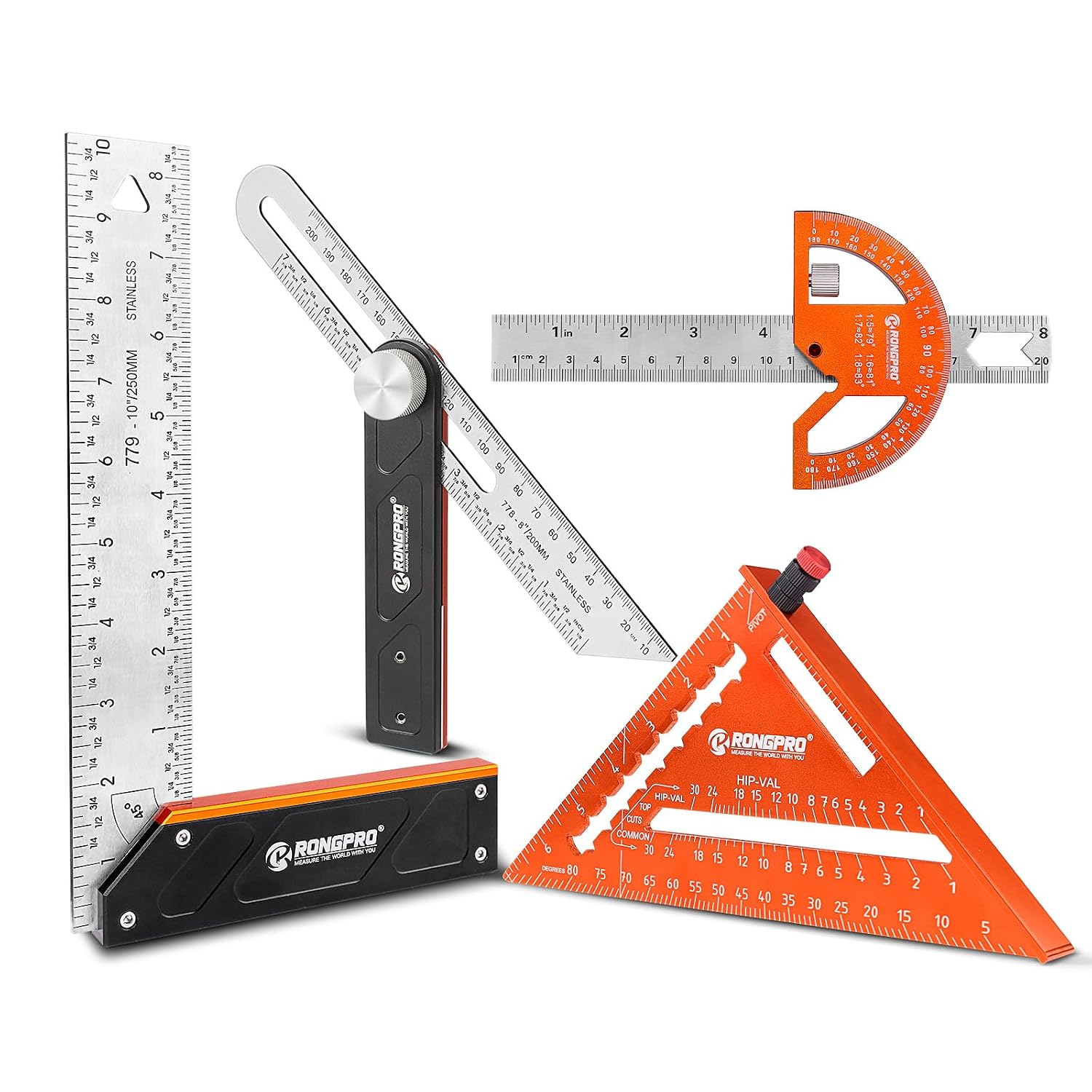 4Pcs Woodworking Tools -7''Aluminum Rafter Square,12''Adjustable Protractor Angle Finder,10'Woodworking Square Ruler and T-Bevel Gauge-1/16 Precision…