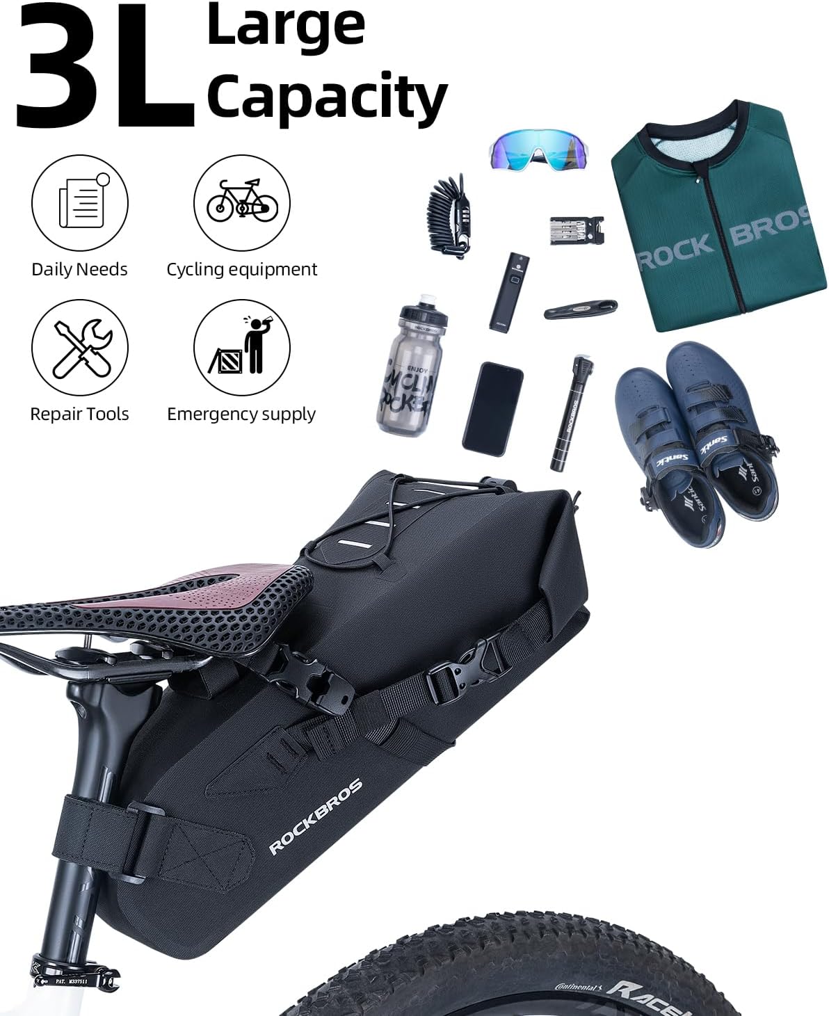 ROCKBROS Bike Saddle Bag Bikepacking Bag Large Capacity Bicycle Seat Bag
