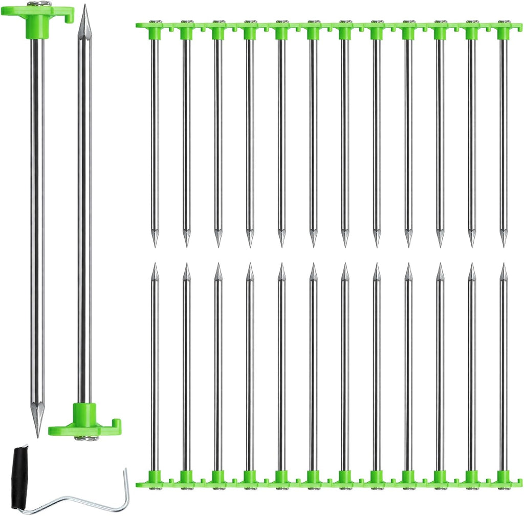 Yesland 24 Pack Heavy Duty Tent Stake with Pull Hook, 10 Inch Non-Rust Metal Tent Pegs Ground Yard Tent Spikes, Galvanized Iron, Green, for Patio, Garden, Canopies, Grassland, Outdoor, Hiking, Camping