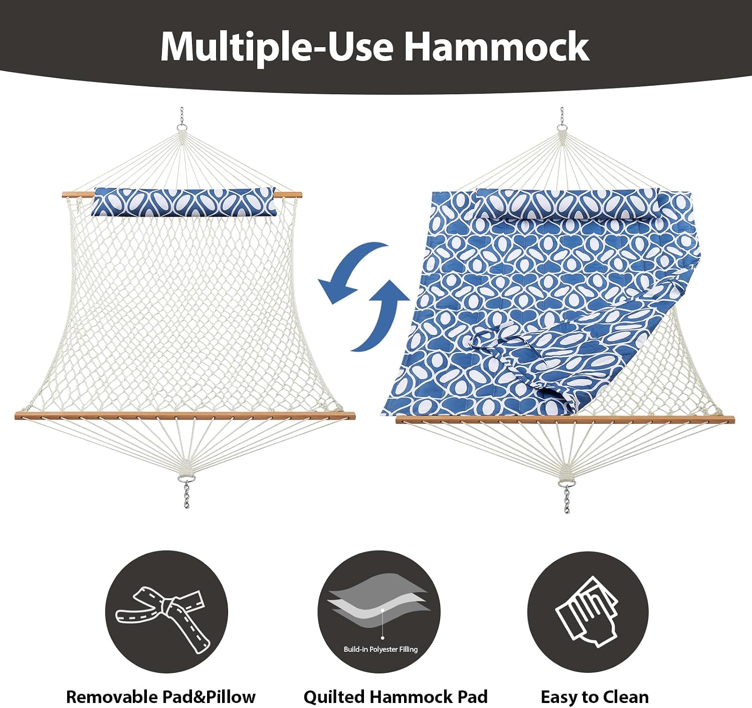 CHULIM Outdoor Double Hammock with Hardwood Spreader Bars, Large Rope Hammock with Polyester Pad and Pillow, 475 LBS Capacity for 2 Person Patio Backyard Poolside - Blue Printing