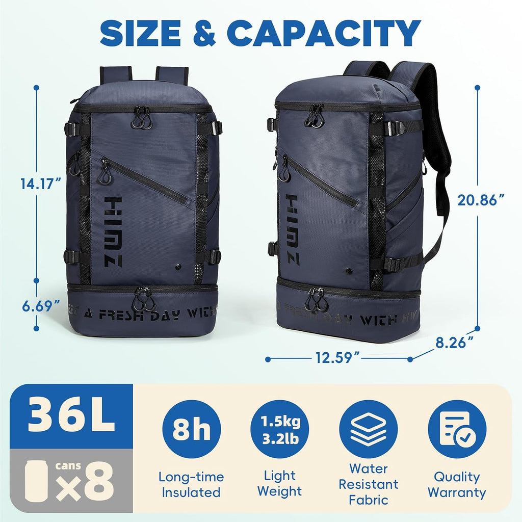 Waterproof Camping Backpack with Lunch Compartment, Mens Backpack Insulated for Work, 17 inch Laptop Bag, Carry On Backpacks for Airplane Beach Travel, Blue