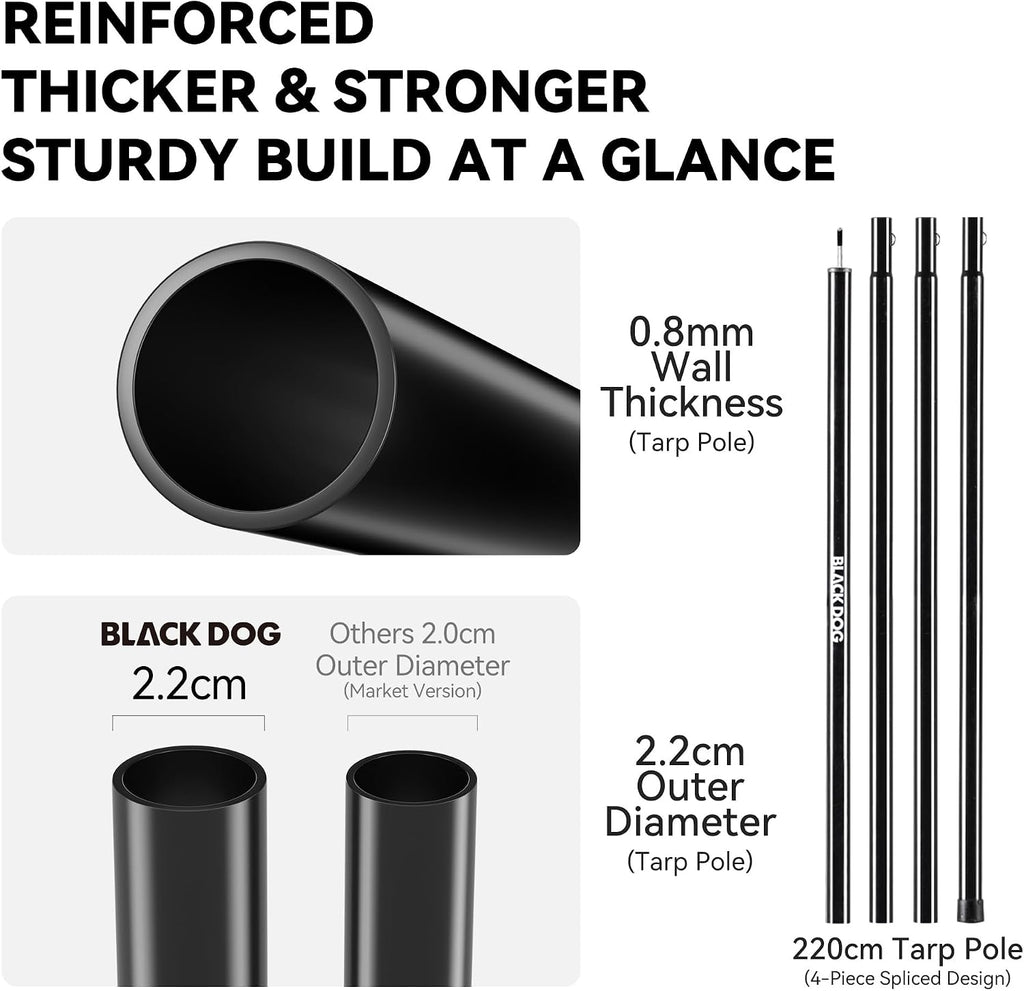 BLACKDOG Large Black Coating Camping Tarp with Poles, 216" L x 115" W
