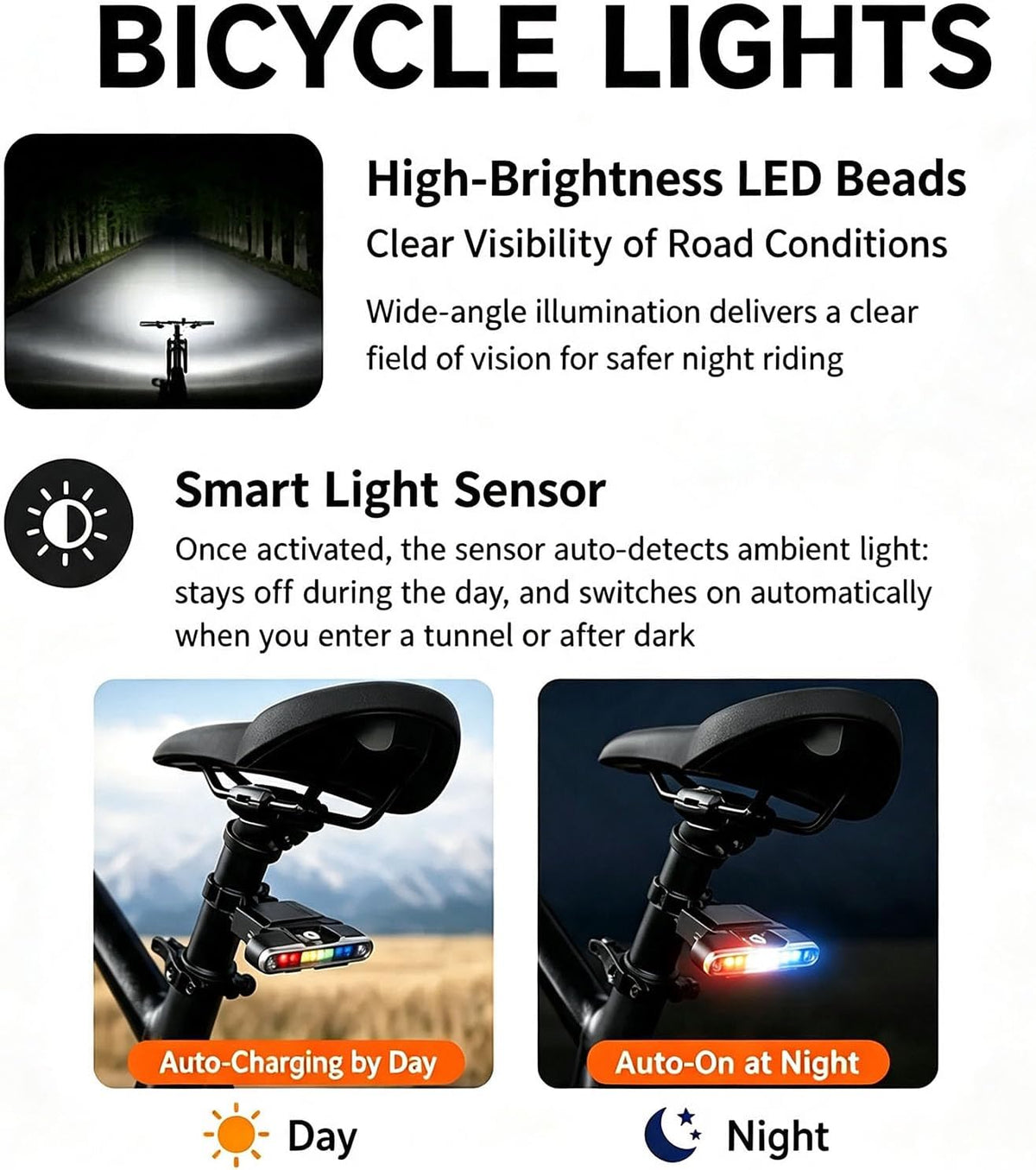 7 Mode Bike Lights with Solar Power Charge, Smart Sensing Bicycle Lights