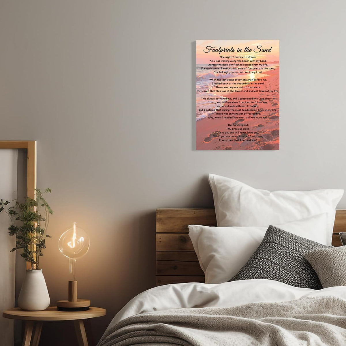 Footprints In The Sand Wall Art Religious Poem Poster Jesus Christian Print Retro Canvas Motivational Quotes Painting Pictures Home Decor Framed 8 * 12 Inch