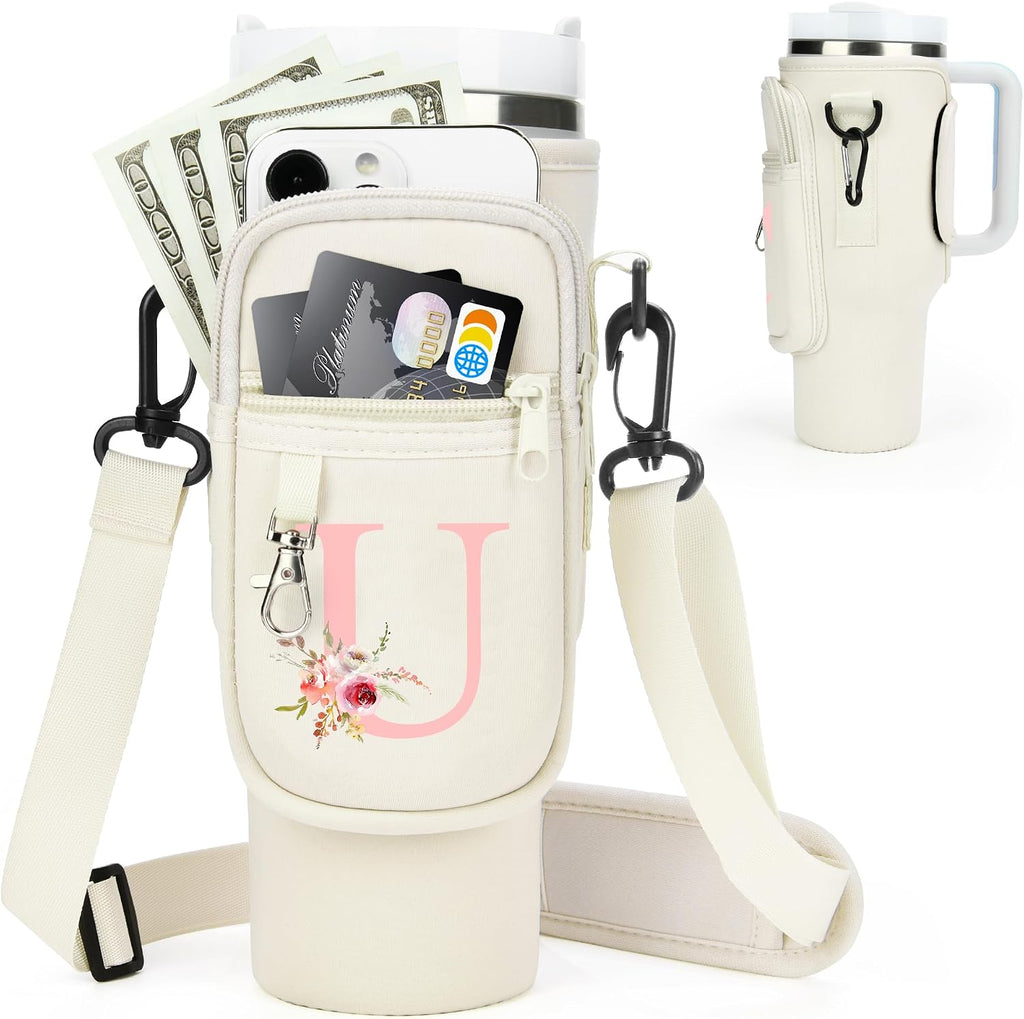 Initial Water Bottle Holder with Strap for Stanley Cup Accessories 40 oz/Simple Modern Tumbler, Birthdays for Women Girls, Water Bottle Carrier Bag with Phone Pocket,Hiking Walking Gym Camping