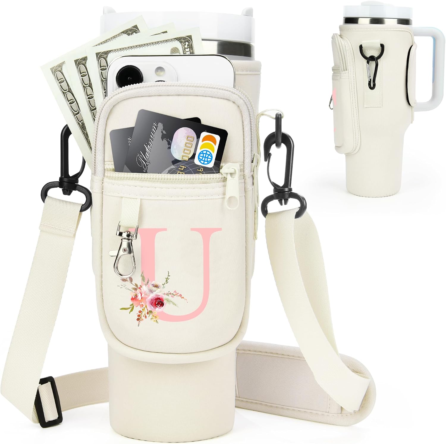 Initial Water Bottle Holder with Strap for Stanley Cup Accessories 40 oz/Simple Modern Tumbler, Birthdays for Women Girls, Water Bottle Carrier Bag with Phone Pocket,Hiking Walking Gym Camping