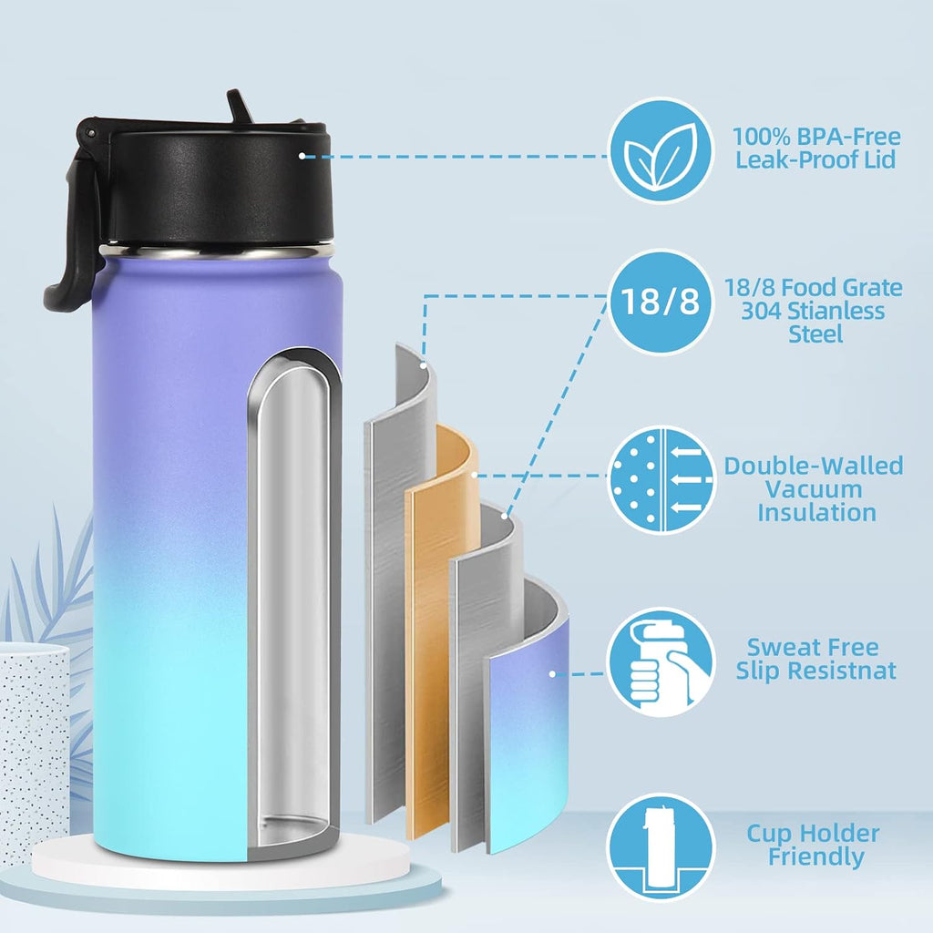 Volhoply 16 OZ Kids Water Bottle Bulk 4 Pack,Insulated Sports Bottles with Straw Lid,Stainless Steel Bottle with Handle Keep Cold & Hot,Double Wall Vacuum Tumbler Cups for School(Purple Blue, 4)