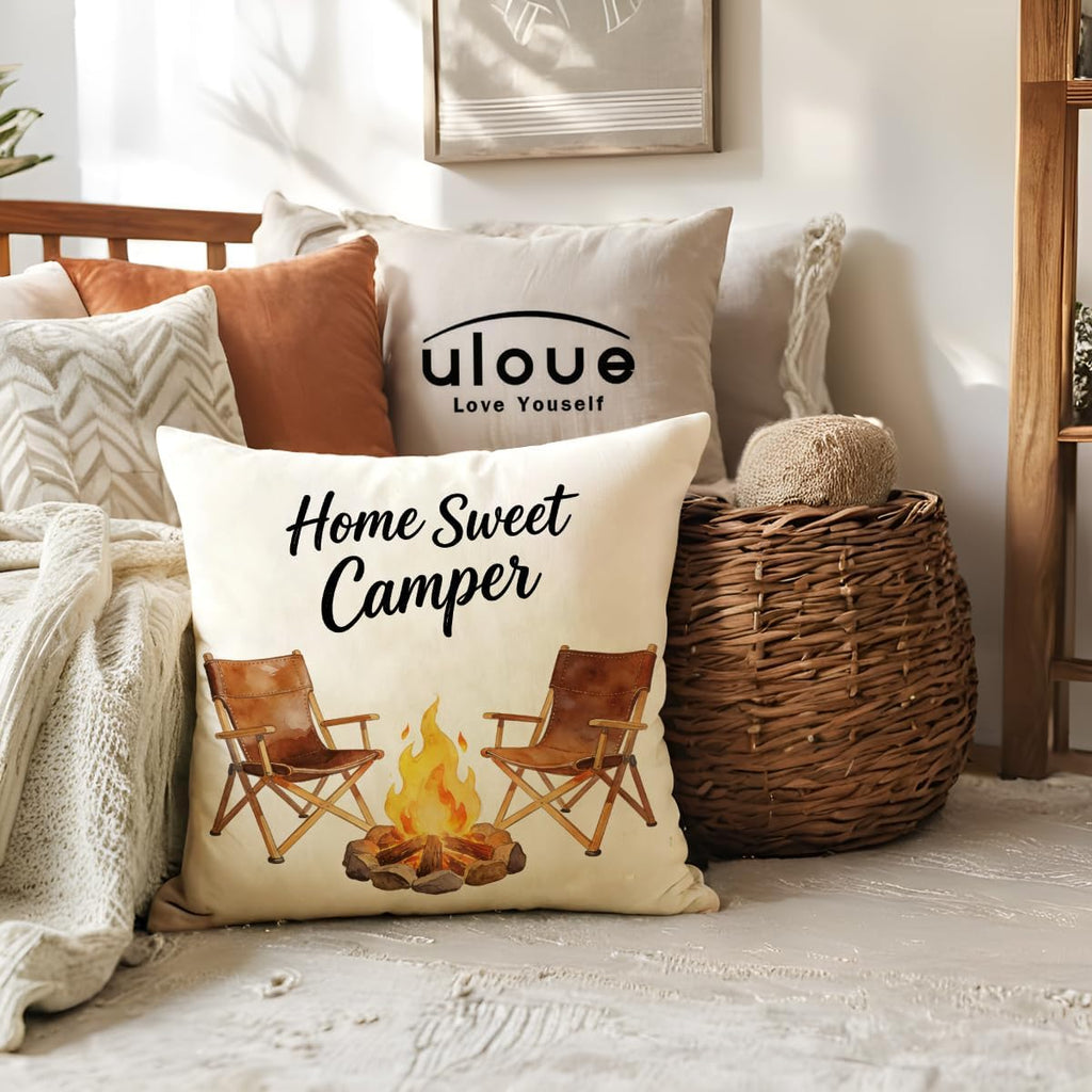 ULOVE LOVE YOURSELF Camping Throw Pillow Covers 4Pack Outdoor Campfire Adventure Decorative Pillowcases Happy Campers Cushion Covers 18 X 18 Inch for Camper, Cabin Home Decor (Brown-Orange)