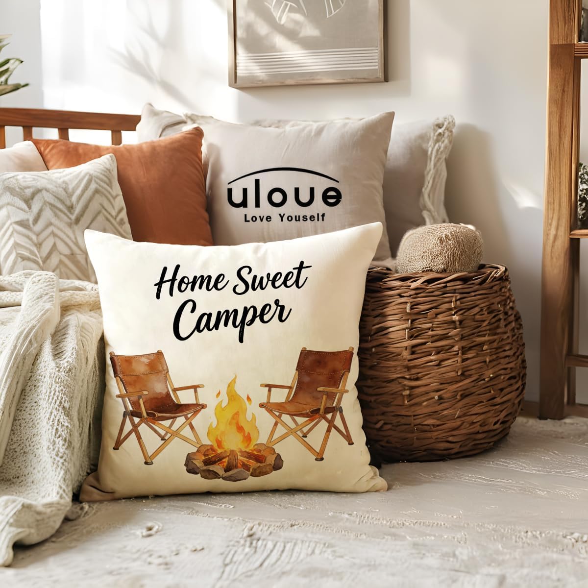 ULOVE LOVE YOURSELF Camping Throw Pillow Covers 4Pack Outdoor Campfire Adventure Decorative Pillowcases Happy Campers Cushion Covers 18 X 18 Inch for Camper, Cabin Home Decor (Brown-Orange)