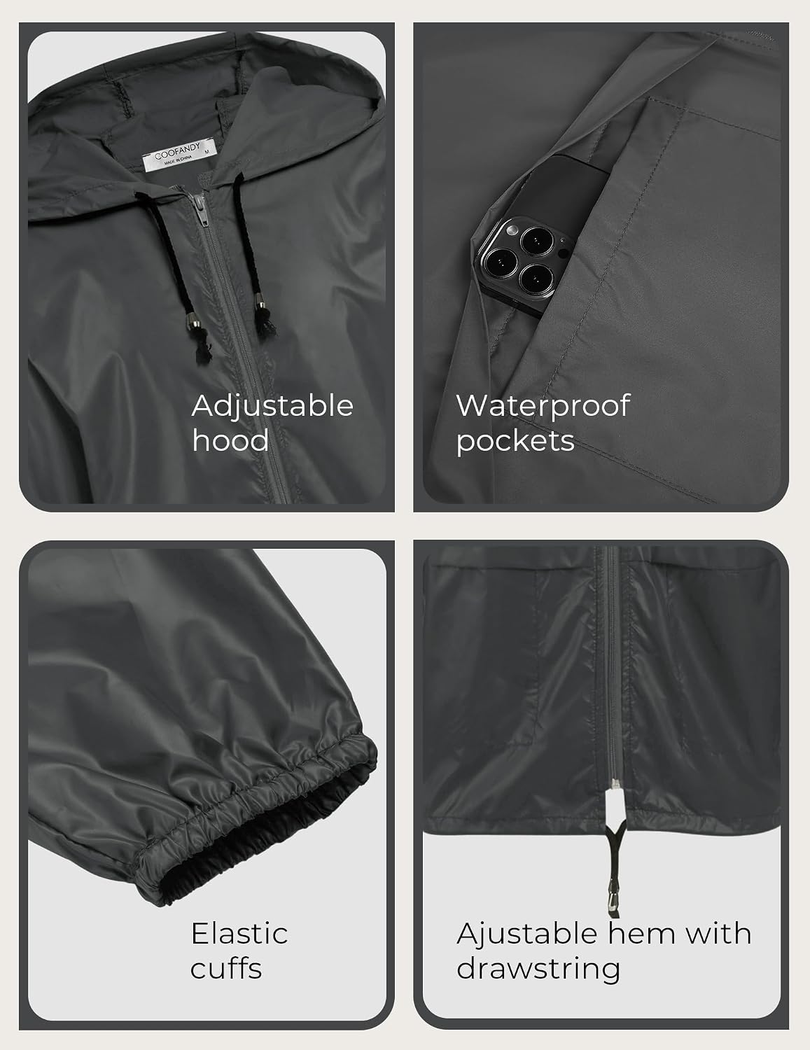 COOFANDY Mens Packable Rain Jacket Lightweight Waterproof Raincoat with Hood Outdoor Rain Gear Travel Hiking Cycling