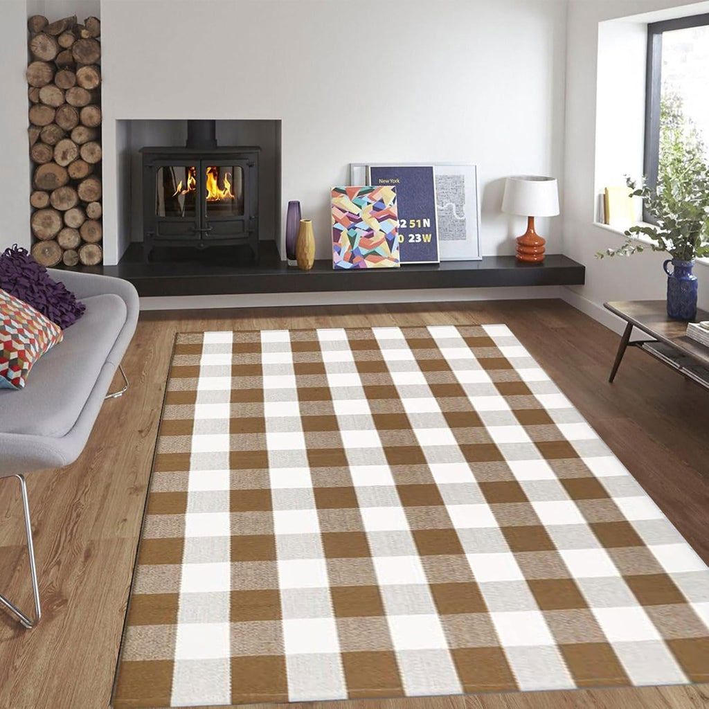 Fall Outdoor Rug Orange Buffalo Plaid Outdoor Rug Cotton Hand-Woven Buffalo Check Rug Layered Doormats for Front Door/Front Porch/Farmhouse/Entryway/Patio(Orange and White Plaid, 27.5'' x 43'')