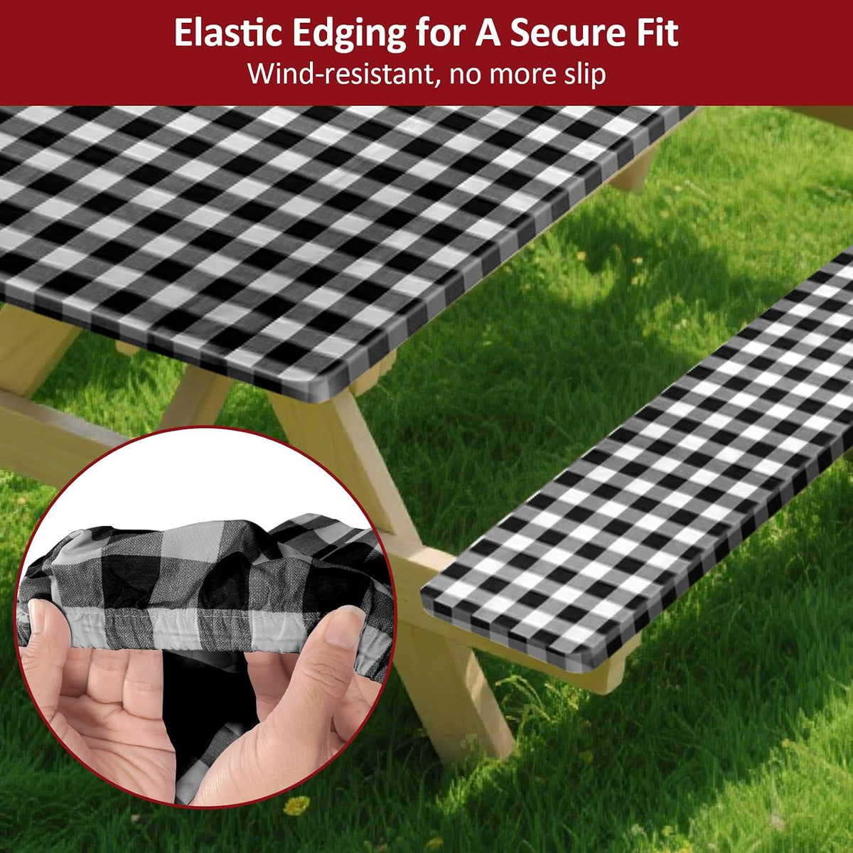 6ft 72" Picnic Table and Bench Cover, 3 Pack, Black-White Checkered