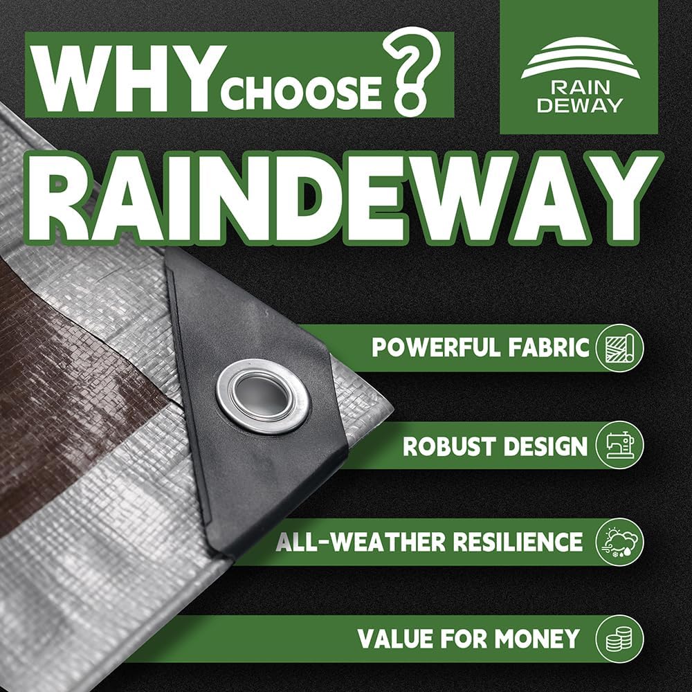 RAINDEWAY 10x10 Feet Tarps Heavy Duty Waterproof,10Mil Multipurpose Tarp