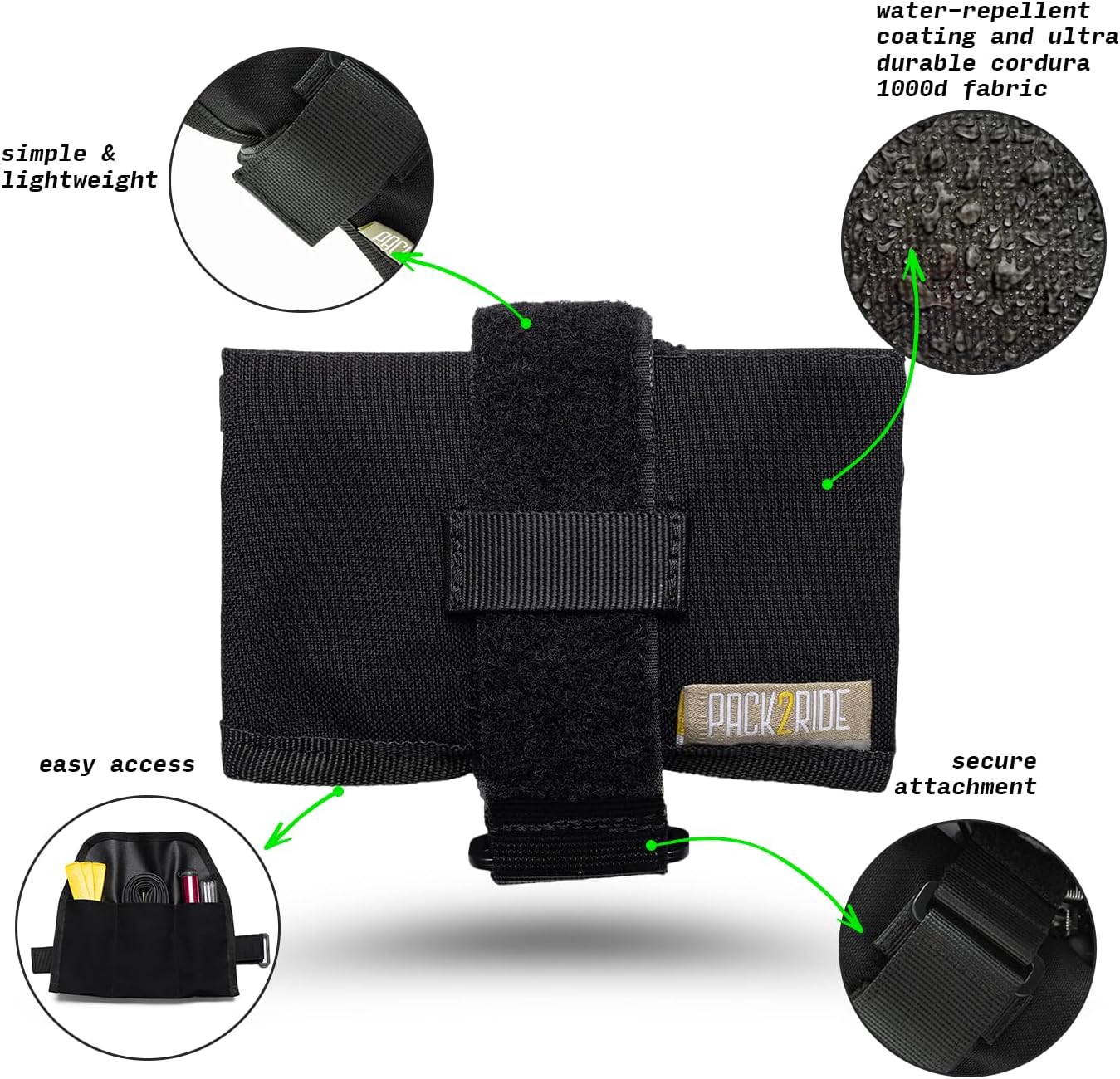 PACK2RIDE Blossom Roll Bike Saddle Bag - Bike Seat Bag with 3 Organization Pockets for Tools - Water Resistant, Durable Cordura Fabric - Road Bike Accessories - Lightweight Bicycle Accessories (Black)