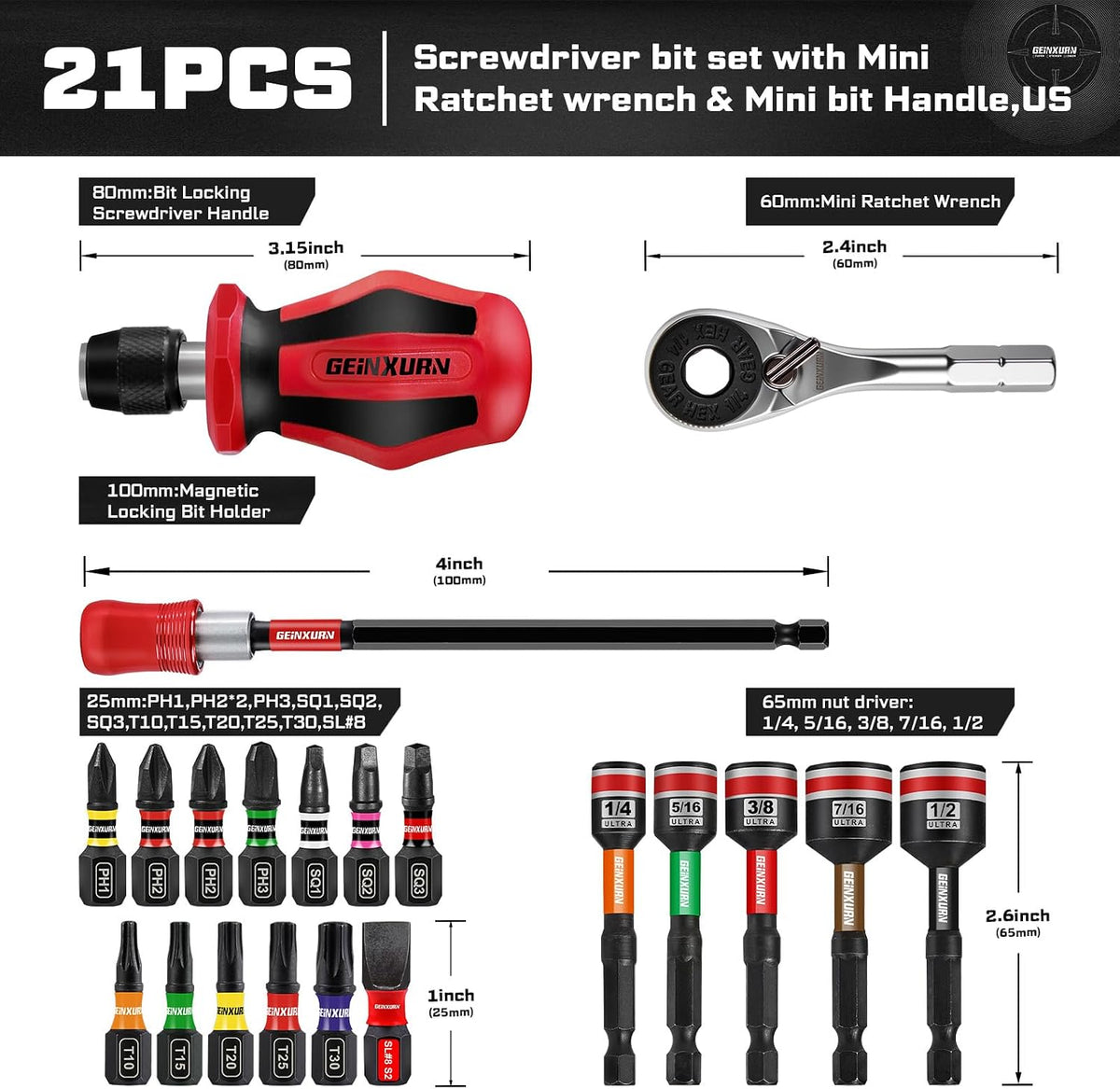 Geinxurn 21 Pieces Tool Kit Include Mini Ratchet Wrench, S2 Steel Screwdriver Bit, Mini Screwdriver Handle, Magnetic Locking Bit Holde, Socket Wrench Nut Driver Set. Portable Hand Tools Set for Repair