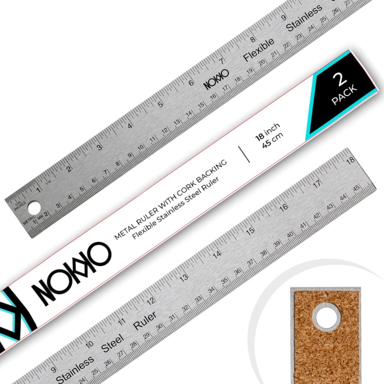 18 Inch Metal Ruler with Cork Backing, Stainless Steel Ruler, Pack of 2
