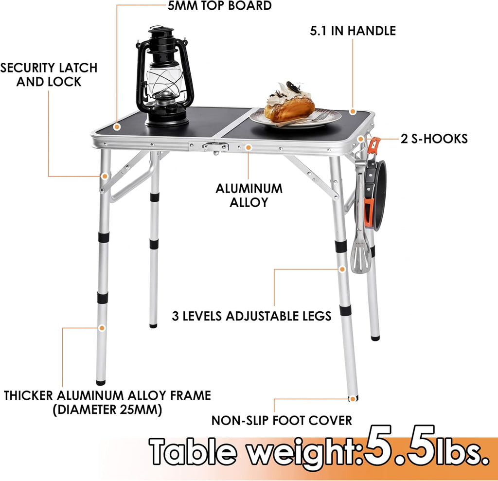 Folding Picnic Table 2ft Portable Camping Table Adjustable Heights, Black