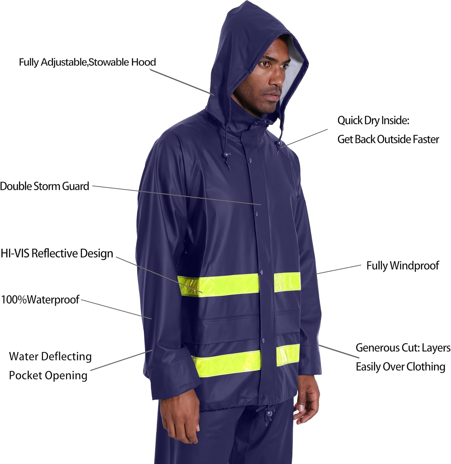 Men's Hi-Vis Waterproof Rain Jacket, Reflective Work Coat