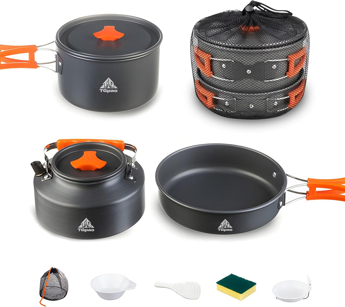 Collapsible Camping Cookware Set, Portable 4-in-1 Outdoor Camping pots and Pans Set with Nonstick Frypan, Pot, Kettle & Carry Bag, Hard-Anodized Aluminum for Camping, Hiking (2-6 Person)