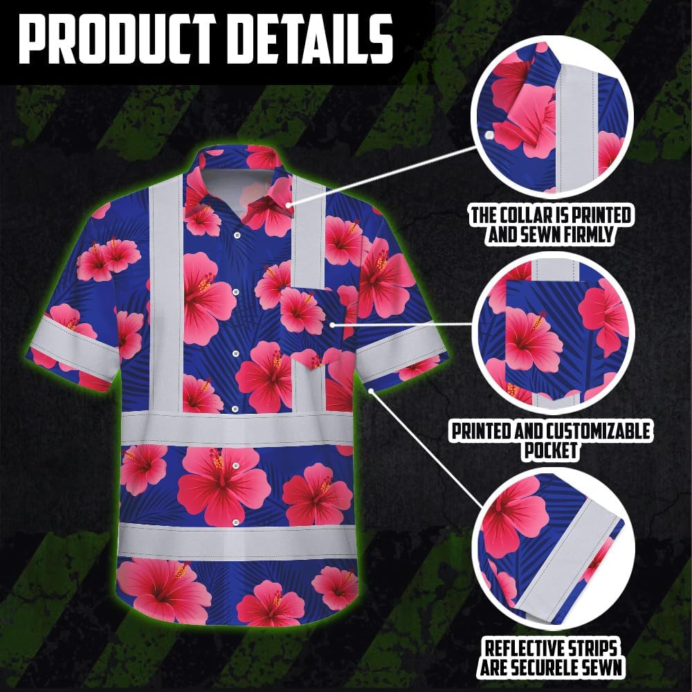 High Visibility Hawaiian Shirt for Men Tropical Shirts Custom Name Floral Outfit Reflective Safety Workwear