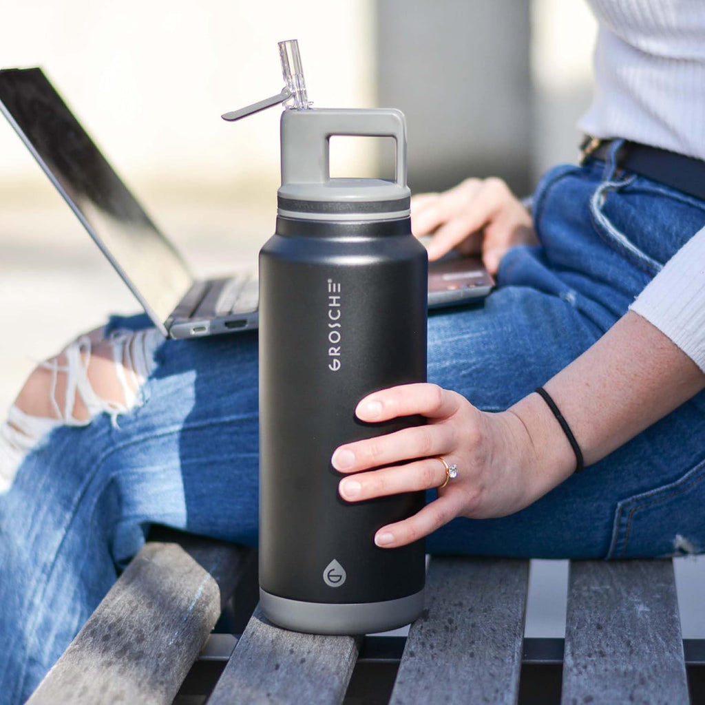 GROSCHE Alpine Flip N Sip Insulated Bottle Straw Lid, Graphite Black, 40 oz