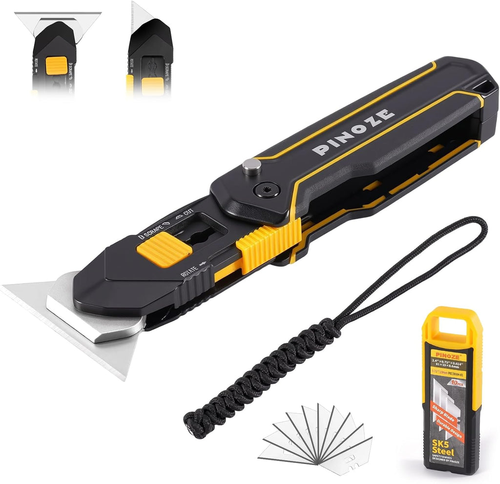 PINOZE Folding Utility Knife Scraper, 3-in-1 Box Cutter with Lanyard & Blade Storage, Retractable Heavy Duty Zinc Alloy Multi-functional Knife with 10pcs SK2 Blades, EDC Tool for Home, Office, DIY