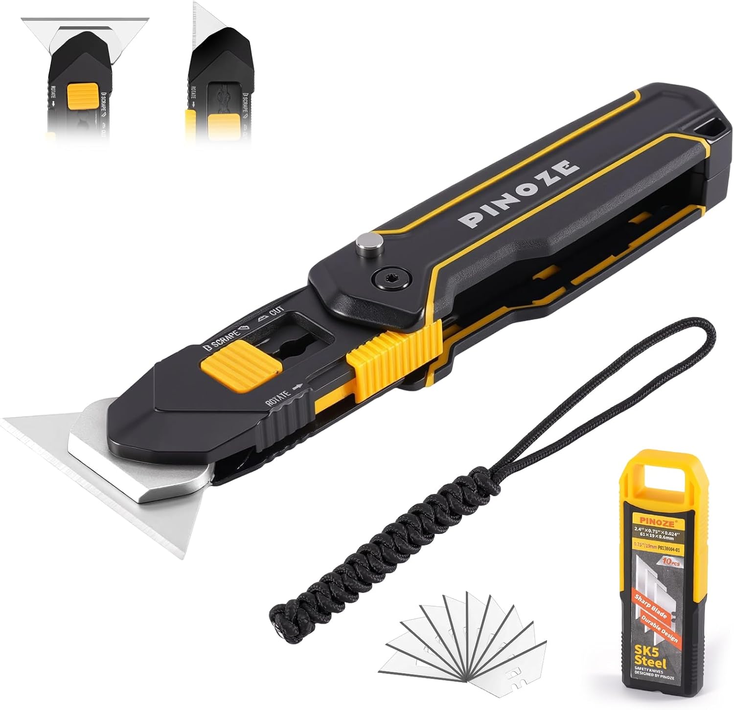PINOZE Folding Utility Knife Scraper, 3-in-1 Box Cutter with Lanyard & Blade Storage, Retractable Heavy Duty Zinc Alloy Multi-functional Knife with 10pcs SK2 Blades, EDC Tool for Home, Office, DIY